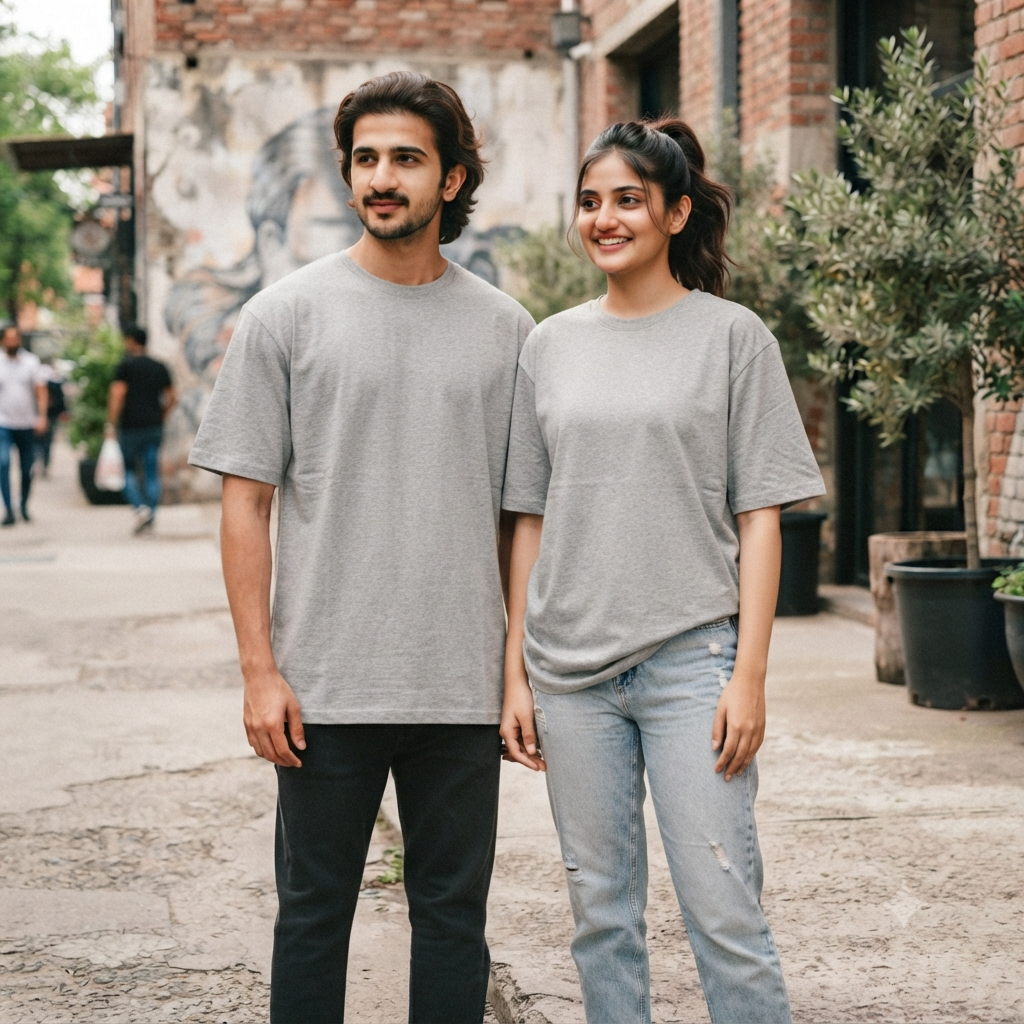 Plain	Grey	Melange	Oversized	T-Shirt