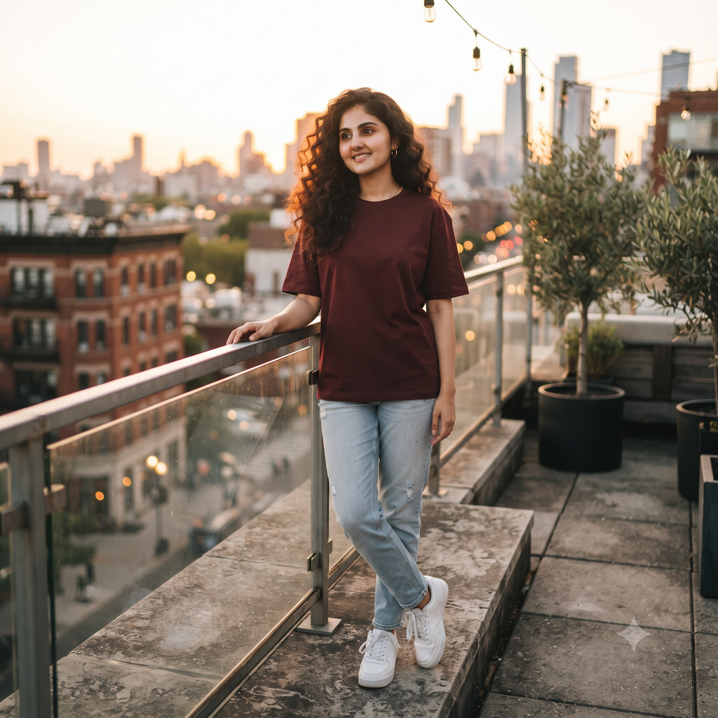 Plain	Maroon	Oversized	T-Shirt