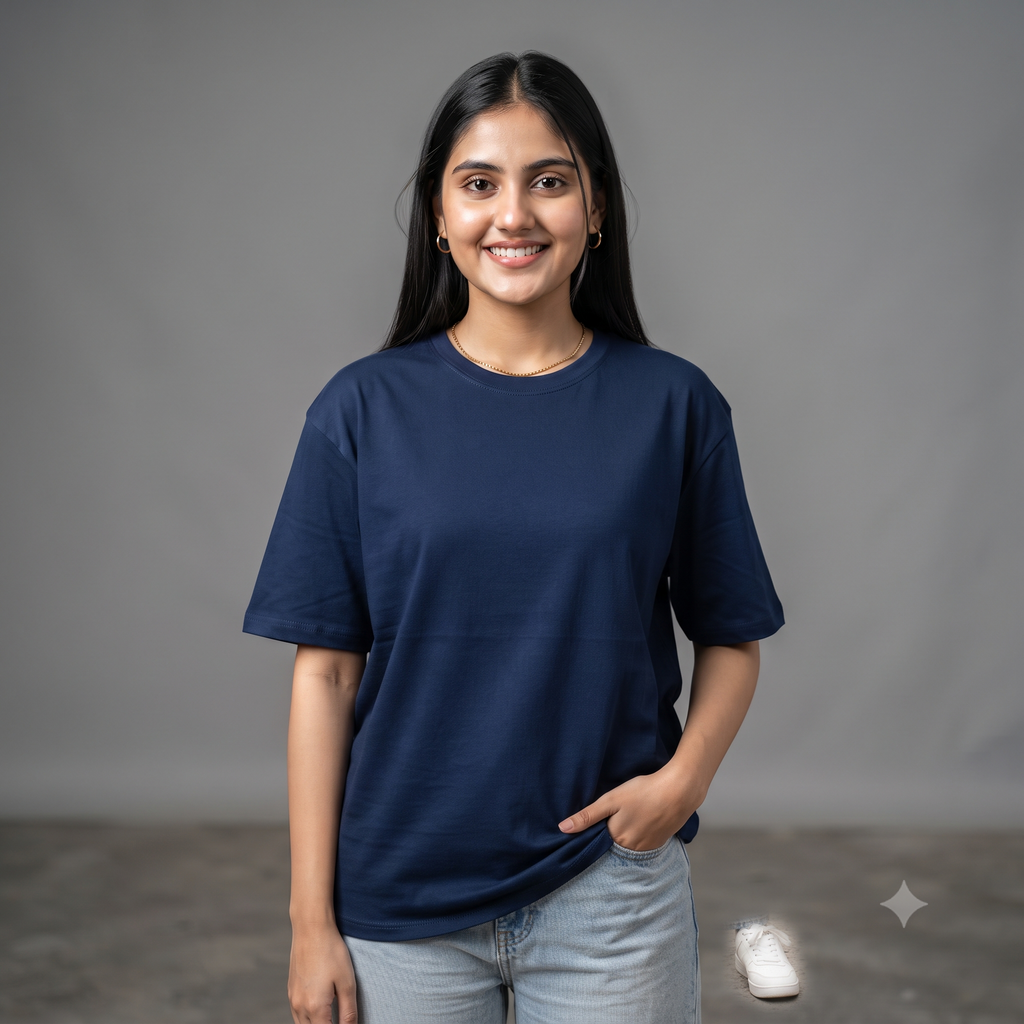 Plain	Navy	Blue	Oversized	T-Shirt