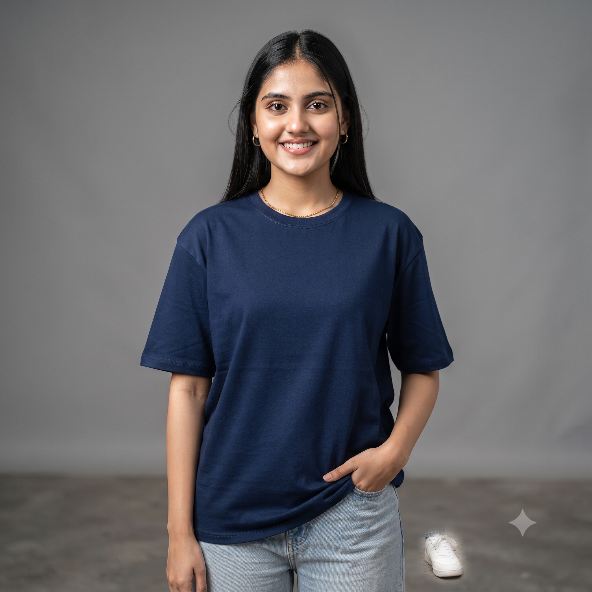 Plain	Navy	Blue	Oversized	T-Shirt