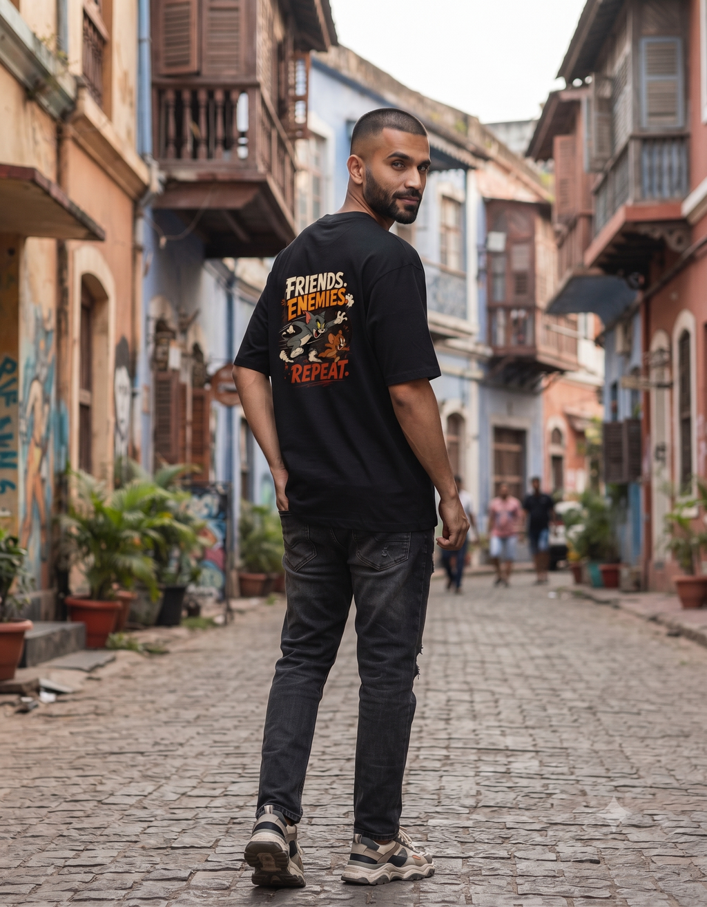 Friends. Enemies. Repeat. Retro Cartoon Oversized T-Shirt – Men's Graphic Tee