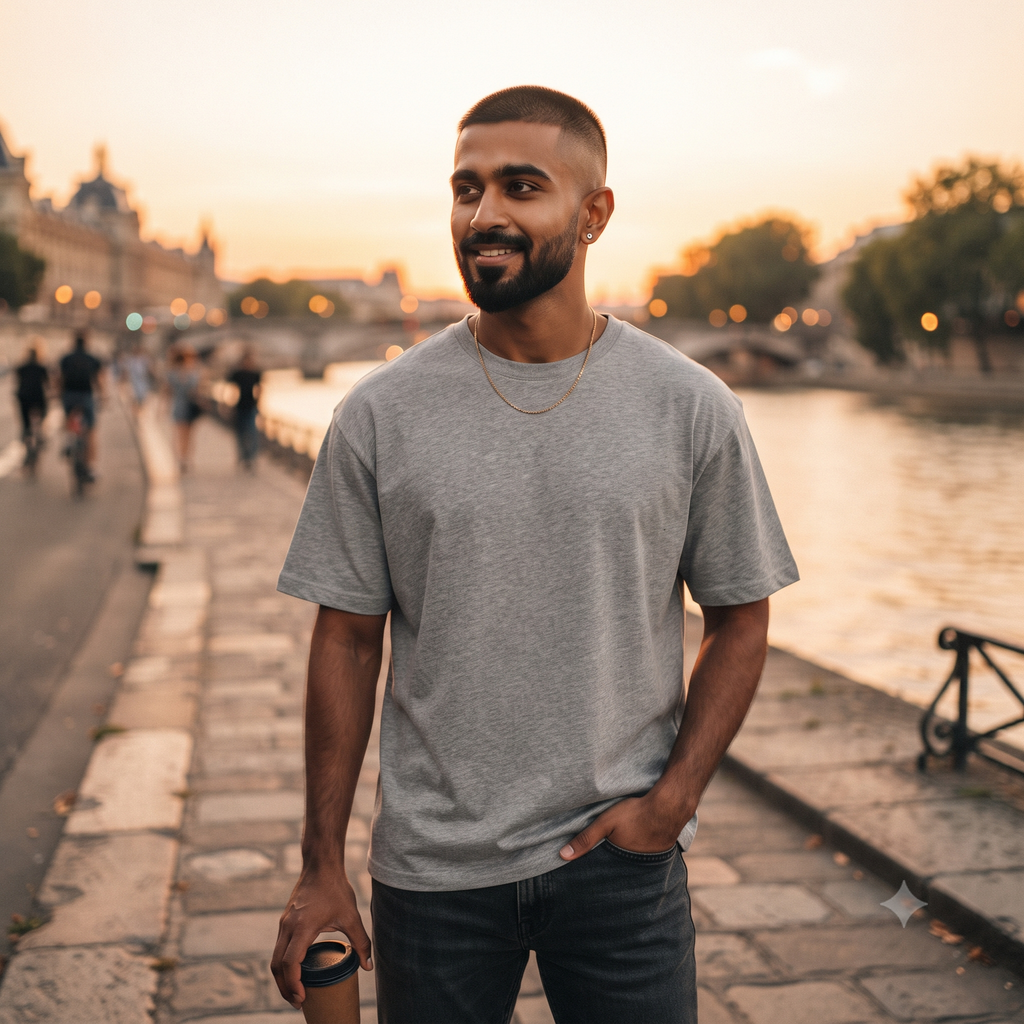 Plain	Grey	Melange	Oversized	T-Shirt