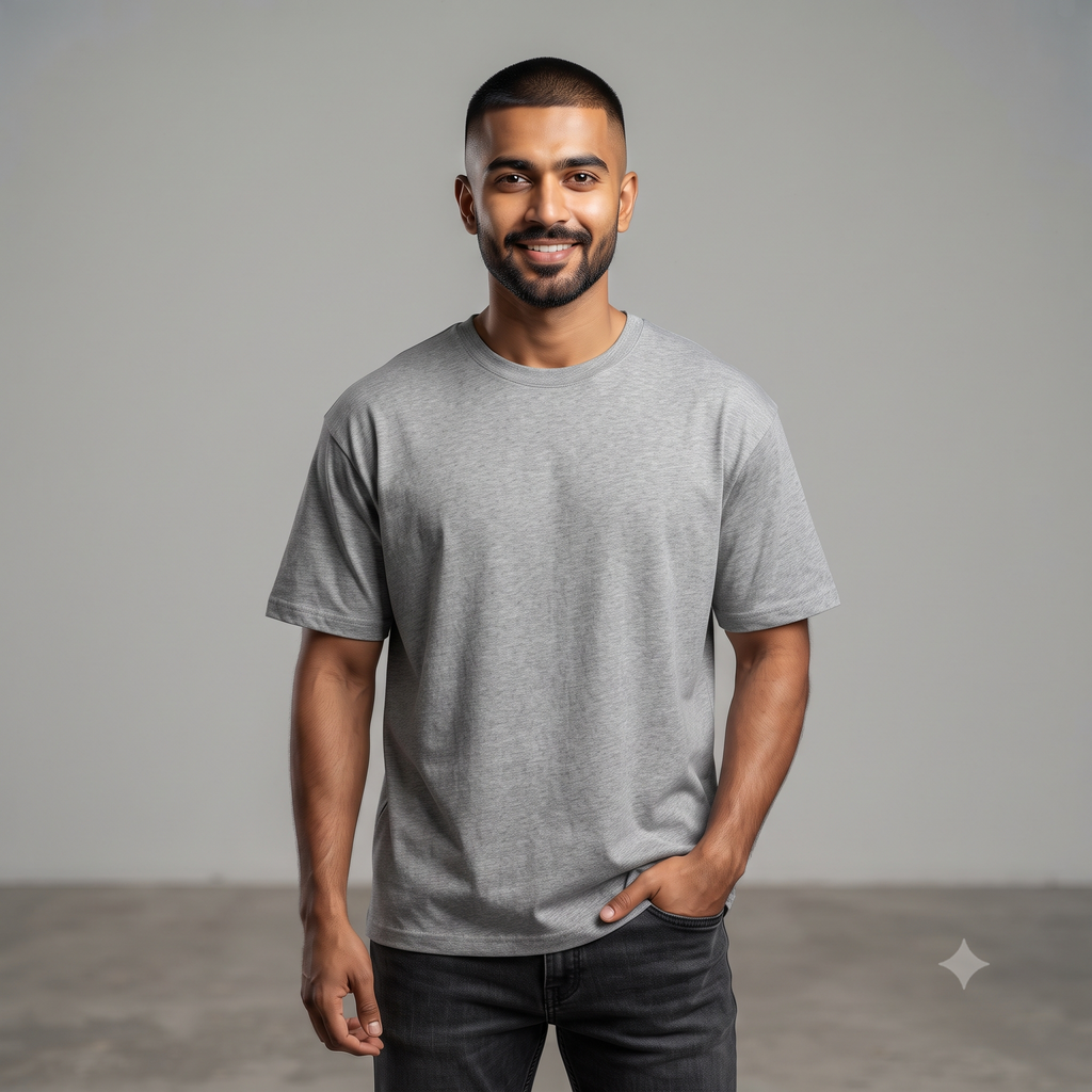 Plain	Grey	Melange	Oversized	T-Shirt