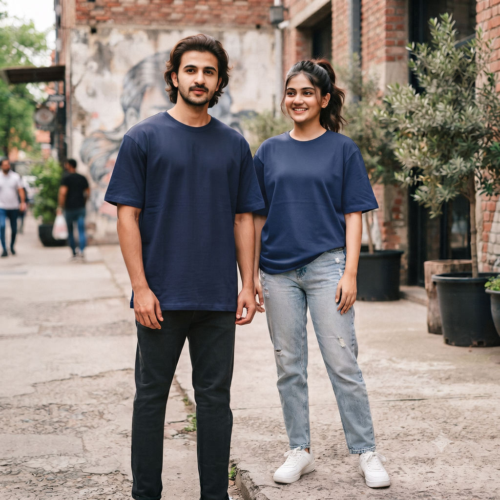 Plain	Navy	Blue	Oversized	T-Shirt