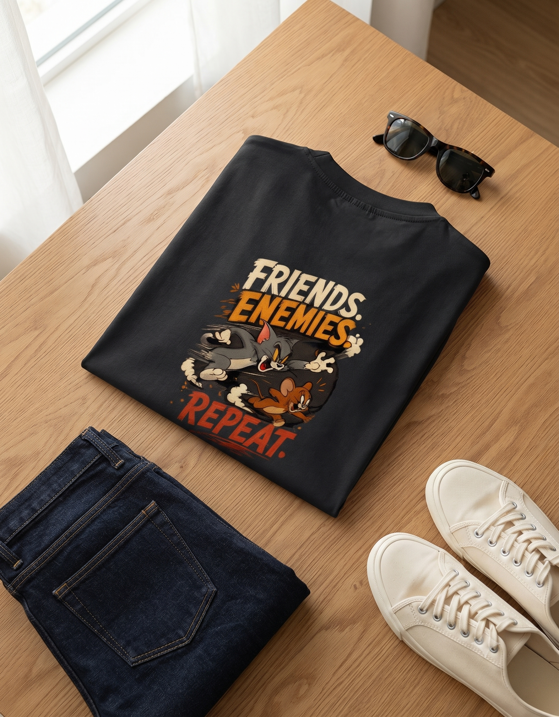 Friends. Enemies. Repeat. Retro Cartoon Oversized T-Shirt – Men's Graphic Tee